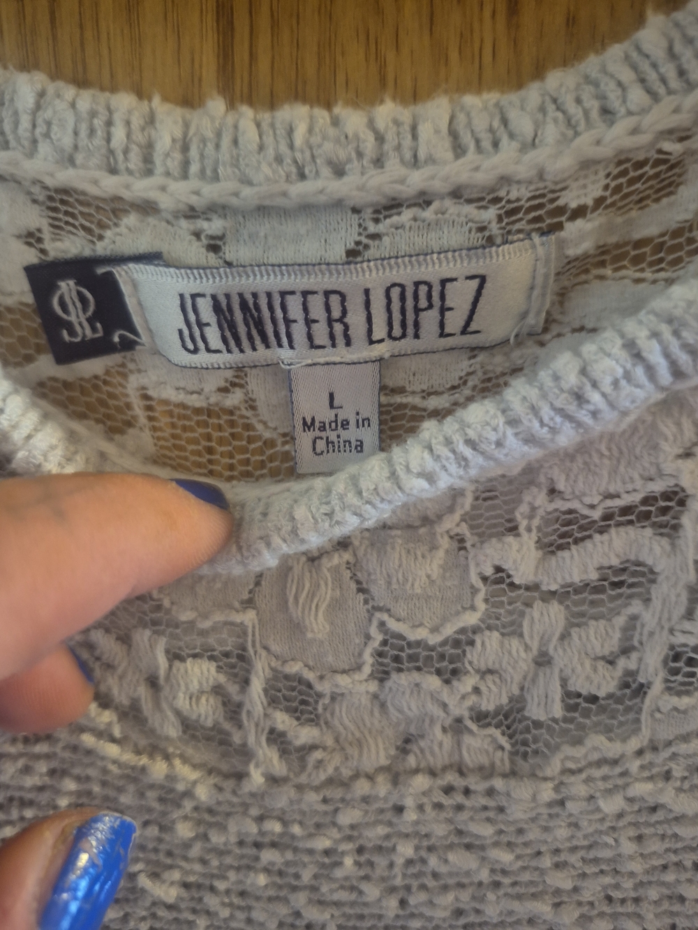 Jennifer Lopez Light Gray Lace Yoke Knit Short-Sleeve Top - Picture 2 of 4
